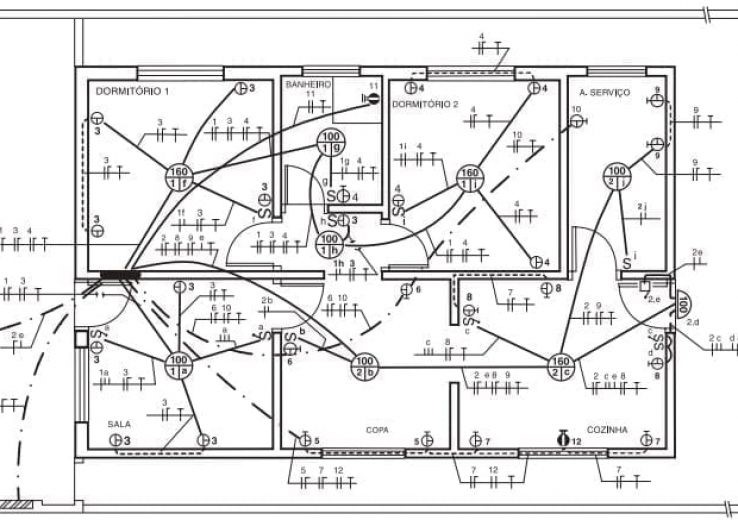 Planta representando o projeto elétrico residencial, denominada diagrama unifilar.