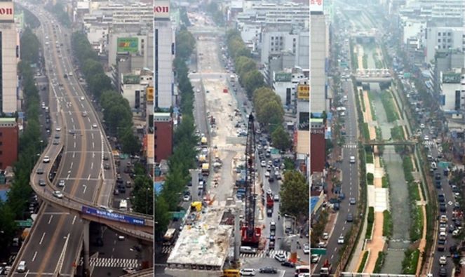 A área de Cheonggyecheon foi devolvida a sua população se tornando um local de convivência e lazer