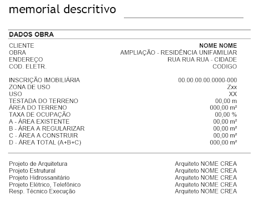 Exemplo de um modelo de memorial descritivo