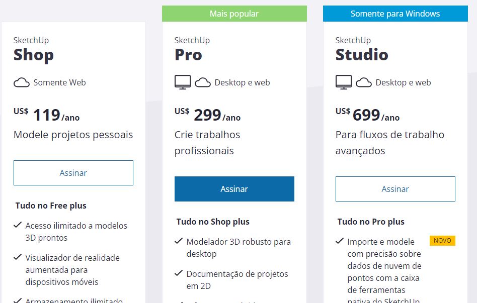 Planos disponíveis para adquirir a licença do SketchUp 2021